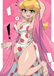 Rule 34 | !, 1girl, absurdres, blonde hair, blue eyes, blush, breasts, cleavage, collarbone, crown, dress, earrings, flip-flops, heart, highres, jewelry, large breasts, long hair, looking at viewer, mario (series), nintendo, open mouth, pink background, polka dot, polka dot dress, princess, princess peach, sandals, side slit, sleeveless, sleeveless dress, smile, sparkle, speech bubble, spoken heart, standing, standing on one leg, super mario bros. 1, teeth, thick thighs, thighs, tony welt, white dress, white footwear, wide hips