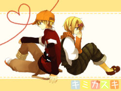 Rule 34 | 1boy, 1girl, anzu (o6v6o), back-to-back, baseball cap, blonde hair, blouse, bow, brother and sister, brown footwear, brown pants, commentary request, hair bow, hand on own knee, hand to own mouth, hat, heart, heart of string, kagamine len, kagamine rin, layered sleeves, long sleeves, mary janes, neck warmer, orange hat, overalls, own hands together, pants, plaid, polka dot, polka dot bow, print shirt, red bow, red shirt, shirt, shoes, short hair, short over long sleeves, short sleeves, siblings, sitting, strap, twins, vocaloid, white footwear, yellow legwear