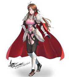 Rule 34 | 1girl, antenna hair, armor, artist name, black gloves, black thighhighs, brown hair, cape, cm lynarc, commission, fire emblem, fire emblem: mystery of the emblem, fire emblem heroes, gauntlets, gloves, highres, long hair, nintendo, red cape, sandals, sheena (fire emblem), signature, simple background, solo, thighhighs, white background