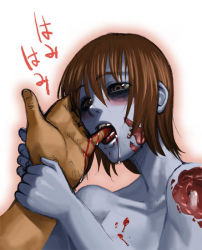 Rule 34 | 1girl, ahoge, bags under eyes, bare shoulders, biting, biting another&#039;s hand, biting hand, blood, brown eyes, brown hair, collarbone, colored skin, finger in another&#039;s mouth, grey skin, monster girl, okayado, original, short hair, zombie