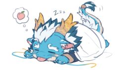 Rule 34 | 1boy, animal ear fluff, aqua hair, aqua skin, chibi, closed eyes, dragon, dragon boy, dragon horns, dragon tail, food, fruit, full body, furry, furry male, highres, horns, huge eyebrows, lying, male focus, mature male, motion lines, multicolored hair, on stomach, peach, qinglong (housamo), sketch, solo, tail, thought bubble, tokyo houkago summoners, tongue, tongue out, two-tone beard, two-tone hair, under covers, upper body, white background, white hair, yed (yedsilent), zzz