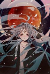 Rule 34 | 1boy, absurdres, bags under eyes, black coat, blurry, coat, depth of field, falling petals, floating hair, full moon, grey hair, highres, light particles, long hair, long sleeves, looking at viewer, male focus, mole, mole under eye, moon, naked coat, night, night sky, open clothes, original, parted lips, petals, red moon, sky, smoke, solo, upper body, very long hair, wenyiyuuuuu, wind