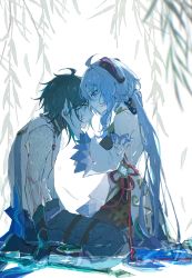 Rule 34 | 1boy, 1girl, arm tattoo, bead necklace, beads, black hair, blood, blood on face, blue hair, breasts, detached sleeves, ganyu (genshin impact), genshin impact, gloves, hands on another&#039;s cheeks, hands on another&#039;s face, hetero, highres, horns, jewelry, long hair, looking at another, multicolored hair, necklace, purple eyes, resting, sheep horns, sitting, tattoo, vision (genshin impact), water, xiao (genshin impact), yue (shemika98425261)