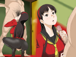 Rule 34 | 1boy, 1girl, age difference, amagi yukiko, ass, breasts, censored, clothed female nude male, cottage, faceless, faceless male, fat, fat man, head out of frame, censored, hetero, highres, masturbation, medium breasts, mosaic censoring, nude, pantyhose, penis, persona, persona 4, squatting, standing, tagme, ugly man