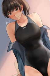 Rule 34 | 1girl, amagami, black eyes, black hair, blush, breasts, closed mouth, commentary request, competition swimsuit, highres, jacket, looking at viewer, medium breasts, one-piece swimsuit, open clothes, open jacket, ponytail, simple background, smile, solo, swimsuit, tsukahara hibiki, yoo tenchi