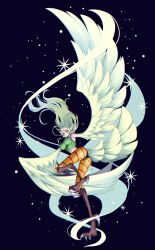Rule 34 | 1girl, ass, bird legs, bird tail, black background, breasts, clothes writing, crazy otama, crop top, feathered wings, feathers, green feathers, green hair, green tank top, green wings, harpy, highres, large breasts, long hair, looking at viewer, midriff, monet (one piece), monster girl, one piece, solo, striped clothes, striped leggings, tail, talons, tank top, winged arms, wings, yellow eyes