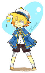 Rule 34 | 1boy, bandages, bandage over one eye, barefoot, bird, blonde hair, hat, james (vocaloid), kusayusaai, male focus, musical note, oliver (vocaloid), sailor hat, smile, solo, vocaloid