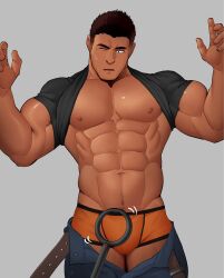 Rule 34 | 1boy, abs, bara, bare pectorals, belt, biceps, boxer briefs, brown hair, bulge, chiseled face, clothes lift, clothes pull, cowboy shot, dark-skinned male, dark skin, edging underwear, hands up, highres, kansuke (kansuke 717), large pectorals, male focus, male underwear, muscular, muscular male, navel, navel hair, nipples, one eye closed, open belt, orange male underwear, original, pants, pants pull, pectorals, sensor, shirt behind neck, shirt lift, short hair, solo, sparse navel hair, standing, stomach, thick eyebrows, underwear