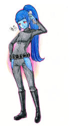 Rule 34 | 1girl, absurdres, alien, belt, blue hair, blue skin, blush, boots, breasts, chiss, colored skin, dot nose, energy sword, fingernails, flightsuit, highres, lightsaber, long hair, original, ponytail, red eyes, sethlairca, simple background, small breasts, smile, star wars, sword, weapon, white background
