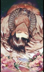 Rule 34 | 1boy, brown hair, dark-skinned male, dark skin, earrings, closed eyes, fate/grand order, fate/prototype, fate/prototype: fragments of blue and silver, fate (series), flower, highres, jewelry, lying, male focus, necklace, ozymandias (fate), pearl necklace, sakura hitsuji, short hair, signature, sleeping, solo, twitter username