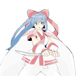 Rule 34 | 1girl, ainu clothes, blue hair, breasts, fingerless gloves, gloves, grey eyes, hair ribbon, highres, legs, long hair, looking at viewer, nakoruru, pants, ribbon, samurai spirits, small breasts, smile, snk, solo, the king of fighters, thighs, weapon