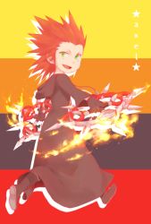 Rule 34 | 1boy, :d, axel, axel (kingdom hearts), bad id, bad pixiv id, black coat (kingdom hearts), boots, chakram, chakrams, character name, cloak, colored eyelashes, disney, drawstring, dual wielding, facial mark, fire, from side, full body, gloves, green eyes, happy, highres, holding, holding weapon, hood, hood down, kingdom hearts, long sleeves, looking at viewer, looking back, male focus, okitsune (okitsune-sama), open mouth, outstretched arms, red hair, robe, running, shadow, short hair, smile, spiked hair, spread arms, square enix, striped, striped background, weapon