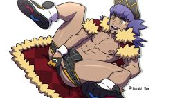 Rule 34 | 1boy, abs, alolan boy, ass, baseball cap, briefs, bulge, cape, commentary, creatures (company), dark-skinned male, dark skin, drooling, english commentary, facial hair, fur-trimmed cape, fur trim, game freak, gloves, hat, highres, implied fingering, legs up, leon (pokemon), long hair, lying, male focus, male underwear, mouth drool, navel, nintendo, nipples, on back, open mouth, partially fingerless gloves, pokemon, pokemon swsh, purple hair, red cape, shiny skin, shoes, smile, solo, spread legs, sweatdrop, teeth, tongue, topless male, underwear, white wristband, yellow eyes