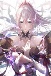 Rule 34 | 1girl, armor, blue eyes, electricity, english text, hair between eyes, hand up, highres, long hair, looking at viewer, open mouth, pauldrons, pink hair, ponytail, reaching, reaching towards viewer, red ribbon, ribbon, shionne (tales), shoulder armor, solo, tales of (series), tales of arise, tiara, upper body, very long hair, white background, yoaferia