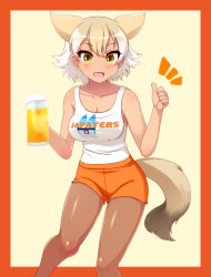 Rule 34 | 1girl, :d, alcohol, alternate costume, animal ears, bad id, bad pixiv id, bare arms, bare legs, bare shoulders, beer, beer mug, border, brand name imitation, breasts, brown eyes, camisole, cleavage, clothes writing, collarbone, coyote (kemono friends), cup, employee uniform, extra ears, fang, feet out of frame, foam, hair between eyes, hands up, highres, holding, holding cup, hooters, kemono friends, light brown hair, looking at viewer, medium breasts, medium hair, mug, multicolored hair, open mouth, orange shorts, pantyhose, shorts, smile, solo, tail, tan, thumbs up, totokichi, two-tone hair, uniform, white camisole, white hair, wolf ears, wolf tail
