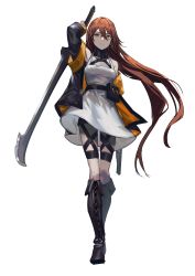 Rule 34 | 1girl, absurdres, arm up, black footwear, black jacket, boots, breasts, brown eyes, brown hair, closed mouth, commentary request, cross-laced footwear, dress, fixro2n, floating hair, full body, glaive (polearm), hair between eyes, highres, holding, holding polearm, holding weapon, jacket, knee boots, lace-up boots, long hair, long sleeves, looking at viewer, medium breasts, off shoulder, open clothes, open jacket, original, polearm, simple background, sleeveless, sleeveless dress, solo, very long hair, weapon, white background, white dress