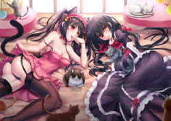 Rule 34 | 1girl, :d, animal, animal ears, artist name, ass, asymmetrical hair, bare shoulders, bell, belt collar, black dress, black hair, black panties, black thighhighs, blush, breasts, cameltoe, cat, cat ears, cat girl, cat tail, cleavage, clock eyes, clothes lift, collar, commentary request, covered erect nipples, covered navel, date a live, dress, dress lift, dual persona, frilled dress, frills, garter straps, hair between eyes, hair ribbon, hairband, heterochromia, highres, holding, holding animal, holding cat, indoors, licking, licking finger, lifted by self, lolita hairband, long hair, looking at another, looking at viewer, lying, medium breasts, on side, open mouth, panties, red dress, red eyes, red ribbon, ribbon, skin tight, sleeveless, sleeveless dress, smile, spaghetti strap, strap slip, symbol-shaped pupils, tail, thighhighs, thighs, tokisaki kurumi, tsubasaki, twintails, underwear, very long hair, yellow eyes