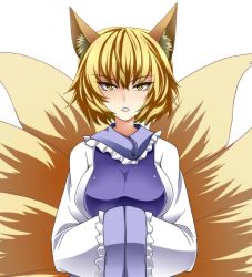 Rule 34 | 1girl, animal ears, blonde hair, dress, fox ears, fox tail, frills, hands in opposite sleeves, kitsune, kyuubi, long sleeves, looking at viewer, multiple tails, no headwear, open mouth, short hair, simple background, solo, straight-on, tabard, tachi-e, tail, touhou, upper body, white background, white dress, wide sleeves, yagami (mukage), yakumo ran, yellow eyes