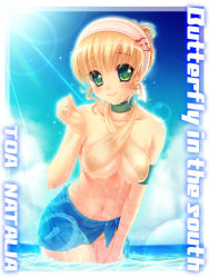 Rule 34 | 00s, 1girl, bad id, bad pixiv id, bikini, blonde hair, blush, breasts, byuune, character name, covered erect nipples, green eyes, highres, large breasts, lens flare, natalia luzu kimlasca lanvaldear, navel, official alternate costume, sarong, smile, solo, swimsuit, tales of (series), tales of the abyss, water, wet