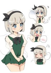 Rule 34 | 1girl, anger vein, angry, black bow, black bowtie, black hairband, black ribbon, blue eyes, blush, bow, bowtie, breasts, closed eyes, closed mouth, collared shirt, commentary request, dress, ghost, green dress, green skirt, green vest, grey hair, hairband, hands on own face, hands up, highres, hitodama, ilt sax, konpaku youmu, konpaku youmu (ghost), looking to the side, medium breasts, miniskirt, open mouth, puffy short sleeves, puffy sleeves, ribbon, shirt, short hair, short sleeves, simple background, skirt, smile, solo, standing, touhou, v-shaped eyebrows, vest, white background, white shirt