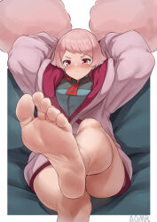 Rule 34 | 1girl, absurdres, afro puffs, aomoro, arms behind head, asticassia school uniform, barefoot, blush, chuatury panlunch, feet, foot focus, foot out of frame, gundam, gundam suisei no majo, highres, looking at viewer, pink hair, presenting foot, red eyes, school uniform, sitting, soles, solo, toes