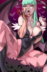 Rule 34 | 1girl, absurdres, animal print, ass, bare shoulders, bat print, bat wings, black leotard, blunt bangs, boots, breasts, bridal gauntlets, chocolate, cleavage, clothing cutout, demon girl, elbow gloves, eyeshadow, fangs, fingernails, food on body, food on breasts, gloves, green eyes, green hair, green nails, head wings, heart cutout, highleg, highleg leotard, highres, its just suppi, large breasts, leotard, licking, licking finger, lips, looking at viewer, low wings, makeup, morrigan aensland, nail polish, open mouth, pantyhose, pink gloves, print pantyhose, purple eyeshadow, purple wings, solo, squatting, strapless, strapless leotard, suggestive fluid, thick thighs, thighs, tongue, tongue out, uvula, vampire (game), w arms, wings