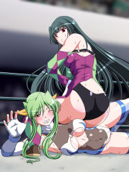 Rule 34 | 2girls, armbar, ass, bare shoulders, black hair, blush, boots, breasts, butt crack, cleavage, cleavage cutout, clenched teeth, clothing cutout, elbow gloves, fingerless gloves, gloves, green hair, hair ribbon, himuro shizuku, leotard, long hair, multiple girls, noppo-san, ponytail, red eyes, ribbon, sakurai chisato, sideboob, submission, sweat, teeth, thigh boots, thighhighs, very long hair, wince, wrestle angels, wrestle angels survivor, wrestle angels survivor 2, wrestling, wrestling outfit, wrestling ring, yellow eyes