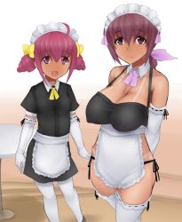 Rule 34 | 10s, 2girls, abubu, breasts, brown hair, cleavage, covered erect nipples, detached collar, elbow gloves, gloves, highres, hoshizora ikuyo, hoshizora miyuki, large breasts, looking at viewer, maid, maid headdress, mature female, mother and daughter, multiple girls, open mouth, precure, red hair, smile, smile precure!, standing, tan, tanline, thighhighs, third-party edit