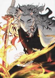 Rule 34 | 1boy, cape, closed mouth, colored tips, cowboy shot, demon slayer uniform, eocndrmfu, fire, flame print, half updo, highres, holding, holding sword, holding weapon, katana, kimetsu no yaiba, long sleeves, looking at viewer, male focus, medium hair, multicolored hair, pants, rengoku kyoujurou, ringed eyes, solo, spot color, streaked hair, sword, sword writing, unsheathed, weapon, yellow theme