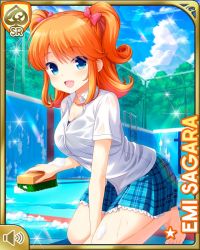Rule 34 | 1girl, barefoot, blue eyes, brush, card (medium), character name, competition swimsuit, day, from side, girlfriend (kari), hair ornament, kneeling, looking at viewer, official art, one-piece swimsuit, open mouth, orange hair, plaid, plaid skirt, pool, qp:flapper, red ribbon, ribbon, sagara emi, skirt, solo, swimsuit, tagme, twintails, wet, wet clothes