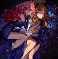 Rule 34 | 2girls, :/, ;), barefoot, blue dress, blue eyes, blue gloves, bow, breasts, brown hair, closed mouth, demon horns, dress, elbow gloves, closed eyes, finger to mouth, gem, gloves, hair bow, hair over shoulder, halloween, halterneck, head tilt, horns, long hair, long pointy ears, lying, medium breasts, multiple girls, natariya, on back, on stomach, one eye closed, original, parted lips, pelvic curtain, pink hair, pointy ears, red bow, sidelocks, smile, star (symbol), starry background, twintails, wavy hair