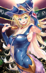 Rule 34 | 1girl, ass, bare shoulders, blonde hair, blue dress, blue hat, blush, breasts, cleavage, collarbone, dark magician girl, detached sleeves, dress, green eyes, hat, hexagram, highres, jewelry, large breasts, long hair, looking at viewer, neck ring, open mouth, pendant, sasakuma kyouta, smile, staff, witch hat, yu-gi-oh!, yu-gi-oh! duel monsters
