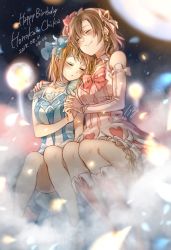 Rule 34 | 2girls, ^ ^, arm around shoulder, blue choker, blue dress, blue flower, blush, bokutachi wa hitotsu no hikari, boots, bow, bowtie, brown hair, character name, choker, closed eyes, dated, dress, earrings, elbow gloves, flower, gloves, hair flower, hair ornament, hair ribbon, hand on another&#039;s shoulder, happy birthday, haru hina, head on another&#039;s shoulder, heart, heart print, highres, holding hands, in-franchise crossover, jewelry, knee boots, kosaka honoka, love live!, love live! school idol project, love live! sunshine!!, multiple girls, night, orange hair, parted lips, petals, pink choker, pink dress, pink flower, pink gloves, pink neckwear, pink ribbon, print dress, ribbon, side-by-side, signature, sitting, smile, striped bow, striped bowtie, striped clothes, striped neckwear, takami chika, u u, vertical stripes, water blue new world