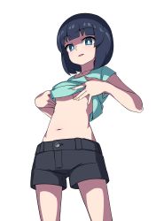Rule 34 | 1girl, :p, absurdres, black hair, blue eyes, blunt bangs, breasts, clothes lift, female focus, highres, kanon563, navel, original, shirt lift, short hair, shorts, simple background, small breasts, solo, tongue, tongue out, underboob, white background