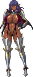Rule 34 | 1girl, aoi nagisa (metalder), areola slip, armor, armored boots, bikini armor, blue hair, boots, breasts, capelet, covered erect nipples, dark-skinned female, dark elf, dark skin, delva celebrian, elf, full body, gradient hair, highres, huge breasts, light areolae, long hair, multicolored hair, navel, official art, pointy ears, purple hair, serious, shiny skin, simple background, solo, standing, thigh boots, thighhighs, white background, yellow eyes, youkoso! sukebe elf no mori e