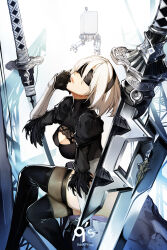Rule 34 | 1girl, 2b (nier:automata), babyg wong, black blindfold, black footwear, black gloves, black headband, black shirt, blindfold, boots, breasts, cleavage, cleavage cutout, closed mouth, clothing cutout, gloves, hair between eyes, head tilt, headband, highres, long sleeves, medium breasts, nier:automata, nier (series), planted, planted sword, planted weapon, pod (nier:automata), shirt, short hair, sitting, solo, sword, thigh boots, weapon, white hair