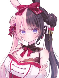 Rule 34 | 1girl, blue eyes, blush, bow, breasts, brown hair, cleavage, corset, detached sleeves, double bun, food-themed hair ornament, frown, hair bow, hair bun, hair ornament, hand on own chest, highres, hoshizaki nagi, iris black games, long hair, looking at viewer, medium breasts, multicolored hair, nail polish, pink hair, portrait, red bow, red corset, red nails, simple background, solo, split-color hair, strawberry hair ornament, tachibana hinano (vtuber), twintails, two-tone hair, virtual youtuber, vspo!, white background, white bow
