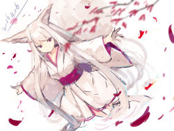 Rule 34 | 1girl, absurdly long hair, animal ears, blurry, blurry foreground, closed mouth, dated, depth of field, dutch angle, fox ears, fox girl, fox tail, japanese clothes, kimono, light smile, long hair, long sleeves, looking away, obi, original, outstretched arms, red eyes, sash, silver hair, sketch, smile, solo, spread arms, standing, tail, very long hair, wading, white kimono, wide sleeves, yuuji (yukimimi)