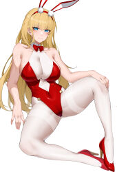 Rule 34 | 1girl, absurdres, alternate costume, animal ears, azur lane, blonde hair, blue eyes, bow, bowtie, breasts, center opening, cleavage, fake animal ears, full body, hand on own knee, high heels, highleg, highleg leotard, highres, large breasts, leotard, long hair, looking at viewer, necktie, north carolina (azur lane), pantyhose, pelvic curtain, playboy bunny, rabbit ears, red bow, red bowtie, red footwear, red leotard, red necktie, see-through, shoes, solo, strapless, strapless leotard, thighband pantyhose, white pantyhose, wsfw