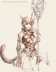 Rule 34 | 10s, 1girl, ale (ale halexxx), animal ears, armor, cat ears, cat girl, cat tail, dragoon (final fantasy), facial mark, female focus, final fantasy, final fantasy xiv, greyscale, highres, holding, holding weapon, miqo&#039;te, monochrome, polearm, ponytail, solo, tail, warrior of light (ff14), weapon