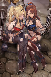 Rule 34 | 2girls, absurdres, arms behind back, ball and chain restraint, beatrix (granblue fantasy), blonde hair, blue eyes, boots, breasts, brown hair, captured, chain, chained, cleavage, cleavage cutout, clothing cutout, collar, commission, granblue fantasy, green eyes, high heel boots, high heels, highres, large breasts, long hair, metal collar, multiple girls, navel, no armor, ponytail, restrained, tears, thighhighs, torn clothes, torn thighhighs, twintails, yewang19, zeta (granblue fantasy)