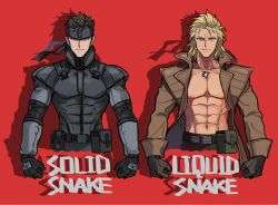 Rule 34 | 2boys, abs, bandana, bare pectorals, belt, belt pouch, black gloves, blonde hair, blue eyes, brothers, brown gloves, brown hair, character name, chromatic aberration, coat, collarbone, different shadow, dog tags, earrings, film grain, gloves, highres, jewelry, liquid snake, long sleeves, looking at viewer, male focus, mayuzumi, metal gear (series), metal gear solid, multiple boys, pectorals, pouch, red background, serious, topless male, short hair, siblings, simple background, single earring, smirk, solid snake