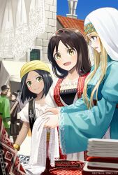 3girls aege-kai_wo_wataru_hana-tachi artist_name black_shirt black_vest blonde_hair blue_dress blue_sky bracelet brown_hair brown_sash building chimney commentary copyright_notice dress fabric gold_bracelet green_eyes headscarf hinoshita_akame holding_cloth italian_clothes jewelry lace layered_dress lisa_(aege-kai_wo_wataru_hana-tachi) looking_at_viewer looking_to_the_side market_stall medieval multiple_girls official_art olha_(aege-kai_wo_wataru_hana-tachi) open_mouth outdoors people profile red_dress sash shirt sideblush sky standing tile_roof tzivyah_(aege-kai_wo_wataru_hana-tachi) veil very_long_sidelocks vest white_dress white_shirt white_veil window_shutter yellow_eyes yellow_headscarf yellow_sash