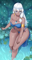 Rule 34 | 1girl, armlet, atlantean, atlantis: the lost empire, blue eyes, breasts, cleavage, commentary, dark-skinned female, dark skin, earrings, english commentary, facial tattoo, hand on own thigh, highres, jewelry, kenron toqueen, kidagakash, loincloth, long hair, medium breasts, midriff, mole, mole on arm, necklace, partially submerged, sitting, tattoo, thick thighs, thigh gap, thighs, watermark, white hair