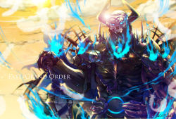 Rule 34 | 1boy, armor, fate/grand order, fate (series), fire, glowing, glowing eyes, helmet, highres, horns, king hassan (fate), light rays, looking at viewer, male focus, mask, peperi, simple background, skull, skull mask, solo, sword, weapon