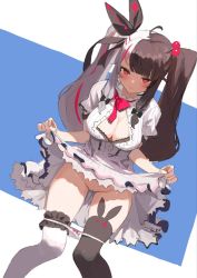 Rule 34 | ahoge, asymmetrical legwear, black hair, blue background, blush, bow, bow panties, breasts, cleavage, clothes lift, hair bobbles, hair bow, hair ornament, large breasts, lifting own clothes, long hair, looking at viewer, multicolored hair, nijisanji, panties, panty pull, red eyes, seinen, skirt, skirt lift, solo, split-color hair, streaked hair, twintails, two-tone background, two-tone hair, underwear, uneven legwear, virtual youtuber, white background, white hair, white panties, yorumi rena, yorumi rena (1st costume)