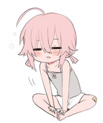 Rule 34 | 1girl, ahoge, bandaid, bandaid on knee, bandaid on leg, bare arms, bare shoulders, barefoot, blush stickers, camisole, chibi, closed eyes, facing viewer, full body, grey camisole, highres, low twintails, mimi (shiodome oji), original, parted lips, pink hair, shiodome oji, short shorts, short twintails, shorts, simple background, sleepy, solo, twintails, white background, white shorts