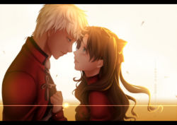 Rule 34 | 1boy, 1girl, archer (fate), bad id, bad pixiv id, blue eyes, brown hair, fate/stay night, fate (series), hair ribbon, letterboxed, long hair, nuruhachi (honki), ribbon, sunset, tears, tohsaka rin, translated, two side up, white hair