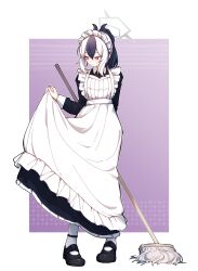 Rule 34 | 1girl, absurdres, alternate costume, apron, black dress, black footwear, black hair, black horns, blue archive, closed mouth, demon horns, dress, enmaided, frilled apron, frills, full body, grey halo, gumi (guminghc), hair between eyes, halo, highres, horns, kayoko (blue archive), long hair, long sleeves, maid, maid apron, maid headdress, multicolored hair, red eyes, shoes, solo, white apron, white hair