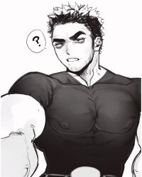 Rule 34 | 1boy, ?, alternate pectoral size, bara, beard stubble, black hair, covered erect nipples, cream (creamsticl3), facial hair, frown, greyscale, highres, huge eyebrows, inverted nipples, lucas lee, male focus, monochrome, muscular, muscular male, outstretched arm, parted lips, pectorals, scott pilgrim (series), scott pilgrim takes off, selfie, shirt, short hair, short sleeves, smile, solo, spoken question mark, stubble, t-shirt, taut clothes, taut shirt, upper body